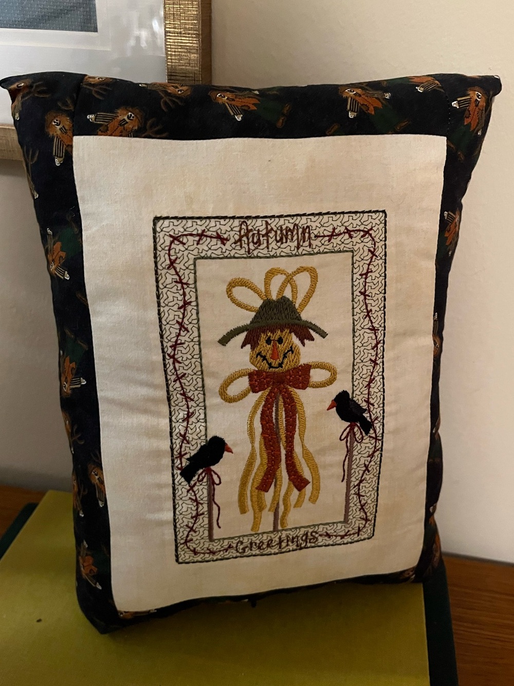 Hand-Embroidered Scarecrow Decorative Pillow - Black Border